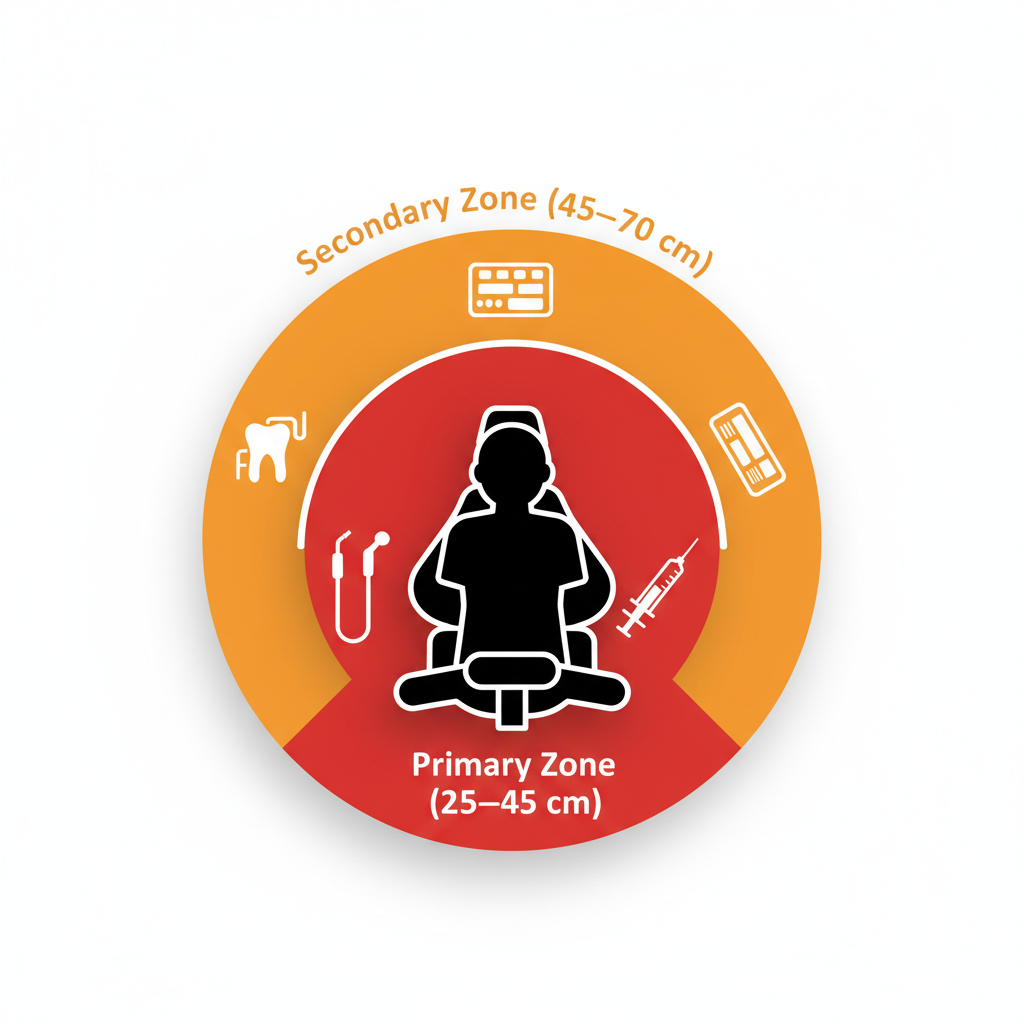 图示牙科助理的主要和次要通道区域，以最大限度地减少触及范围。