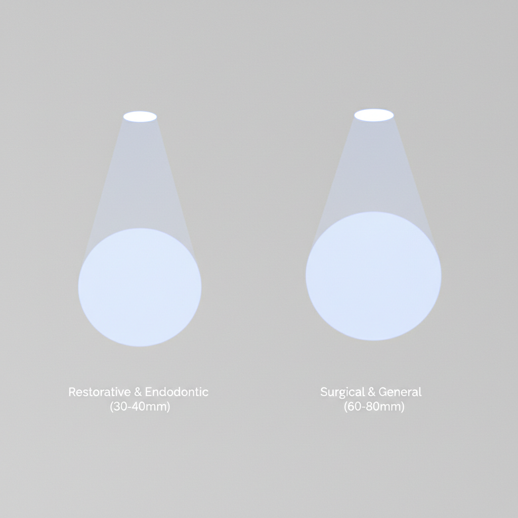 A diagram comparing a narrow light beam for restorative work with a wide light beam for surgical procedures.