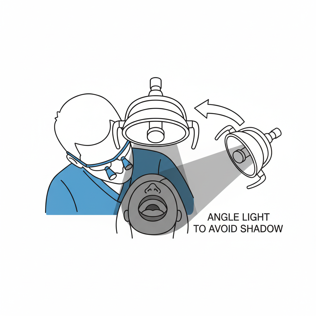 An illustration showing how an incorrectly angled dental light can cause the dentist's head to cast a shadow on the patient's mouth.