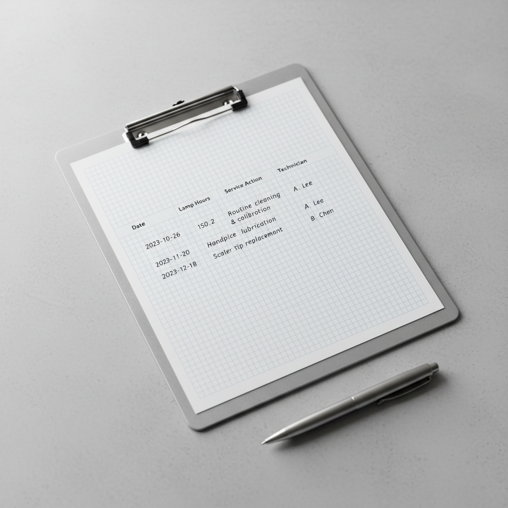 A simple, clear maintenance log for a dental light, showing entries for date, lamp hours, and service actions performed.