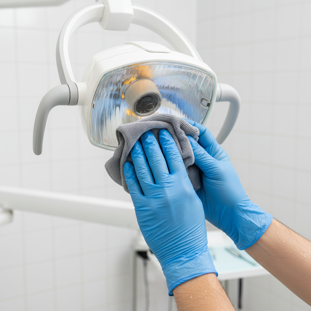 A technician's hands wearing blue nitrile gloves carefully wiping the lens of a dental operatory light with a microfiber cloth.