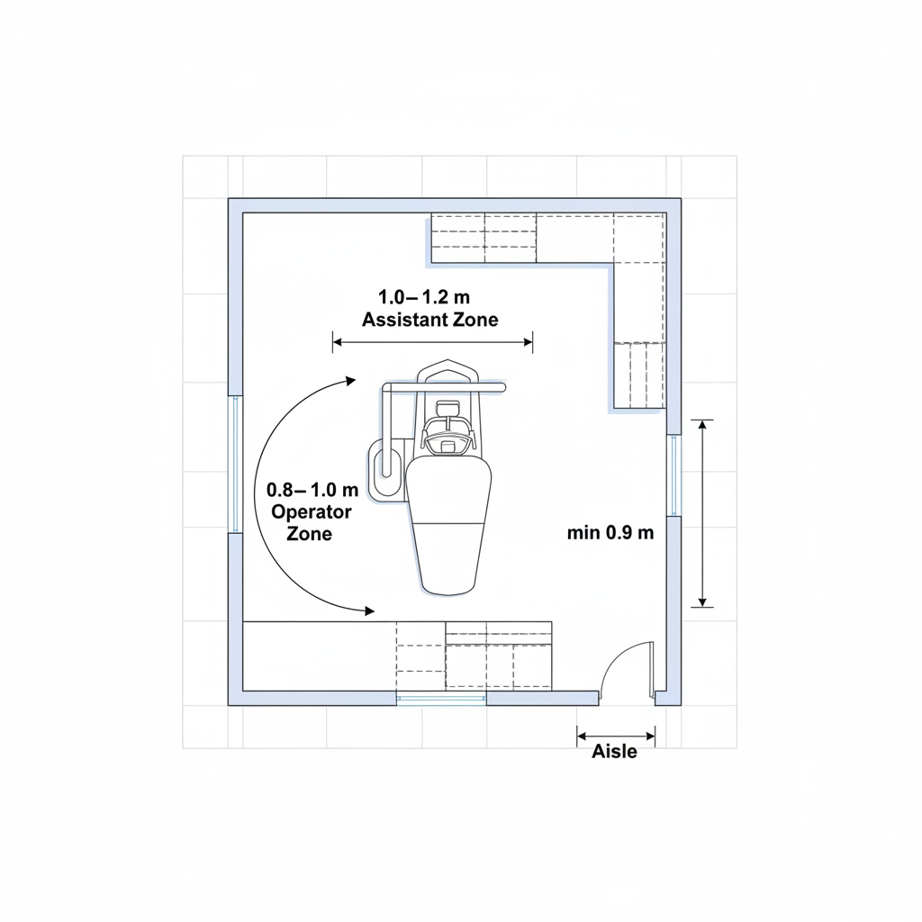 A top-down diagram illustrating the ideal dental operatory layout with recommended clearance zones for staff movement.