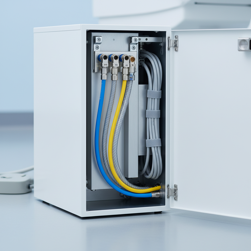 A close-up shot of the utility connections and hoses neatly organized in a service chase behind a dental chair.