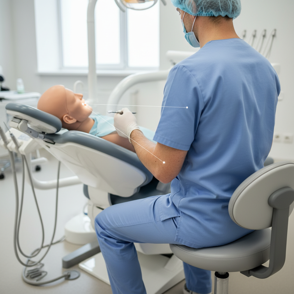 一名牙医在为病人诊治时示范正确的人体工学姿势，并将病人椅调整到适当的高度和斜度。