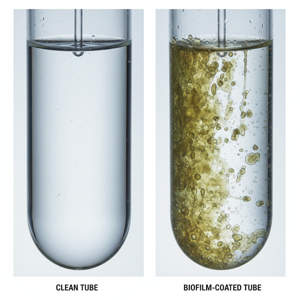 A microscopic-style visualization contrasting a clean, clear water tube with one coated in a slimy, greenish biofilm.