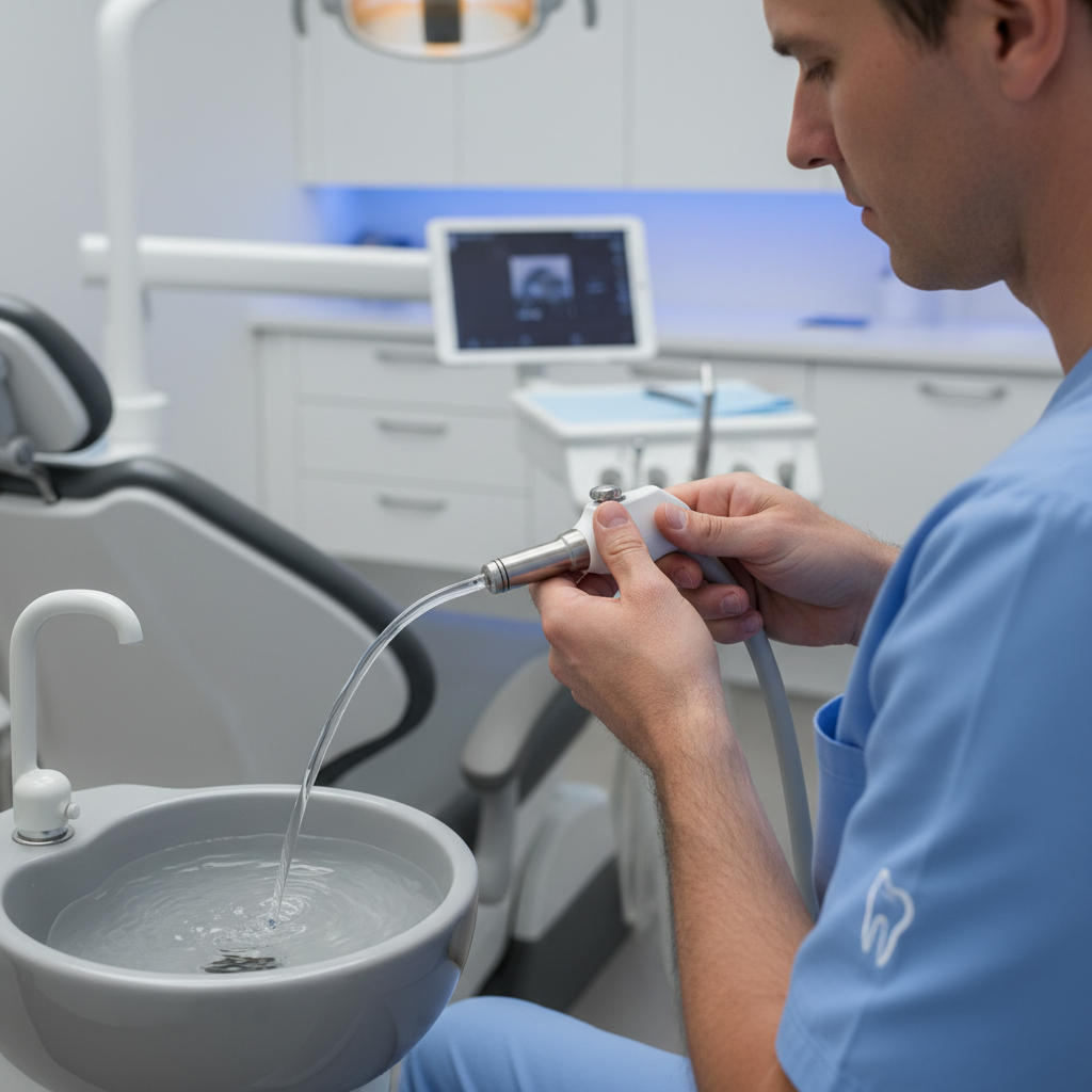 A close-up photograph of a dental professional flushing a dental unit waterline between patients.