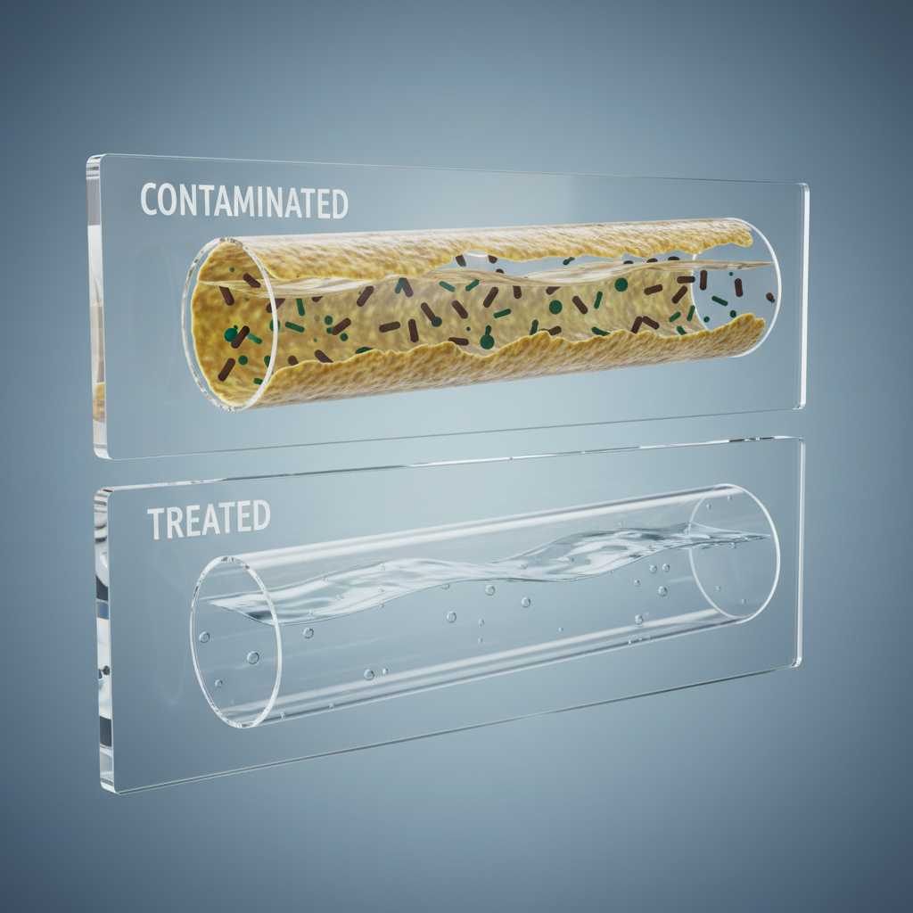 A diagram showing the difference between a waterline contaminated with biofilm and a clean waterline after proper treatment.