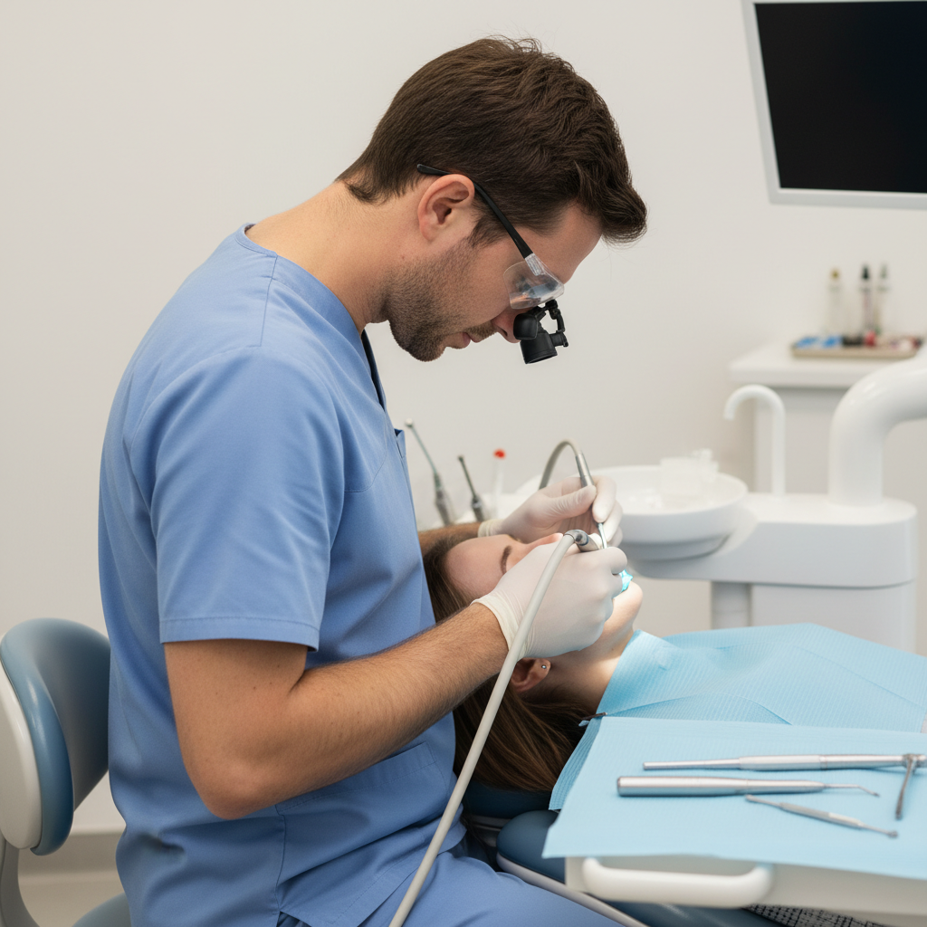 A dentist demonstrating ideal ergonomic posture while treating a patient in a modern, accessible dental chair.