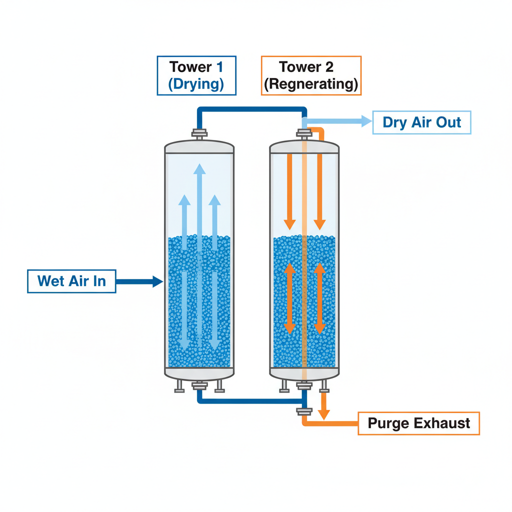 Diagram showing the twin-tower mechanism of a desiccant air dryer, with one tower drying air while the other regenerates.