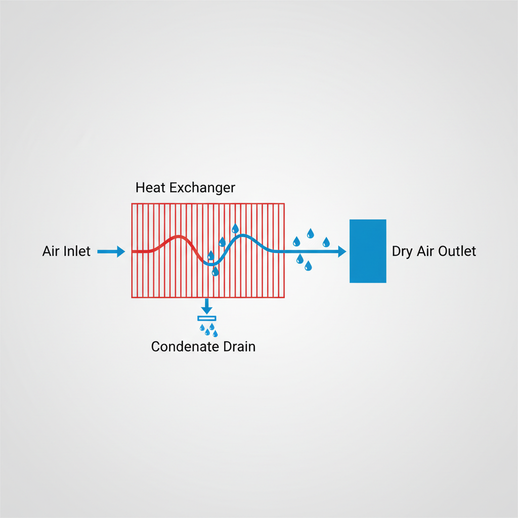 Diagram showing how a refrigerated air dryer cools compressed air to remove moisture before it reaches dental equipment.