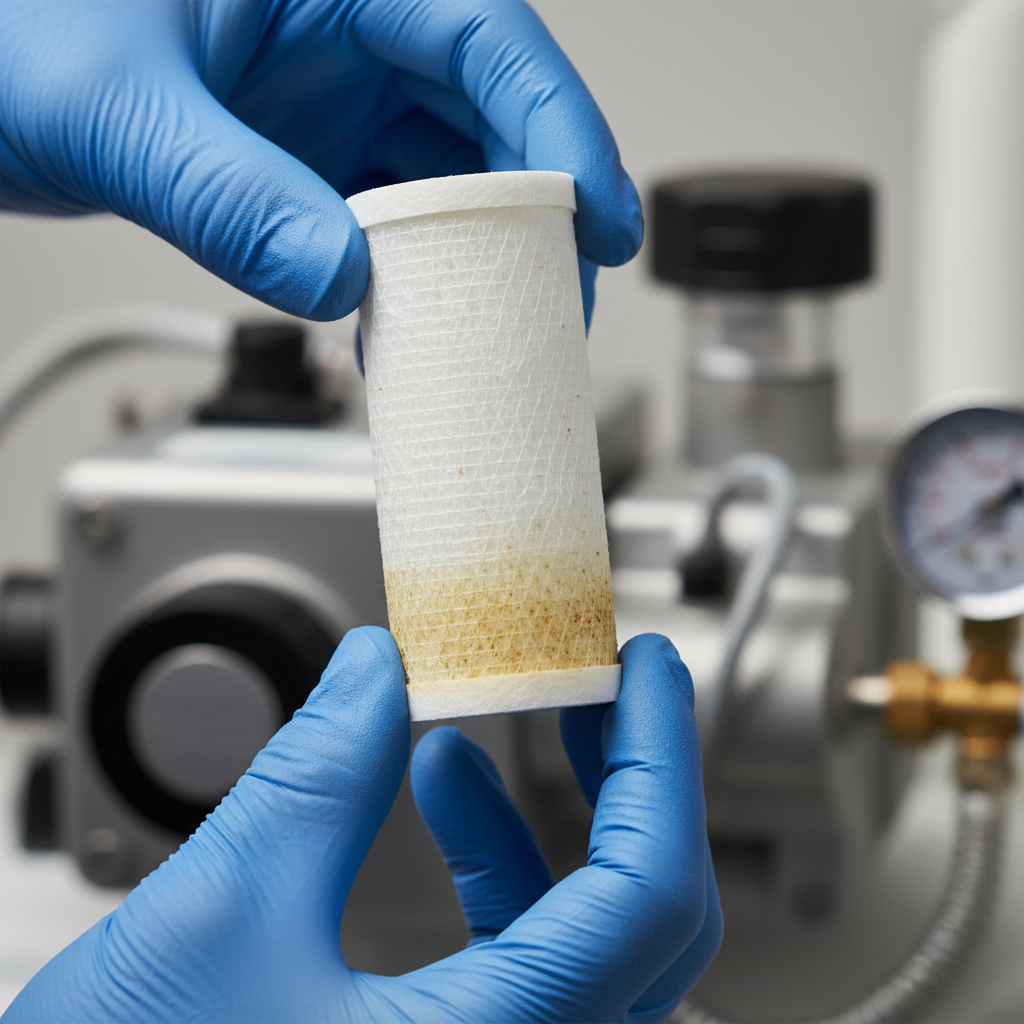 A technician wearing blue nitrile gloves inspects a coalescing filter element from a dental air compressor system.