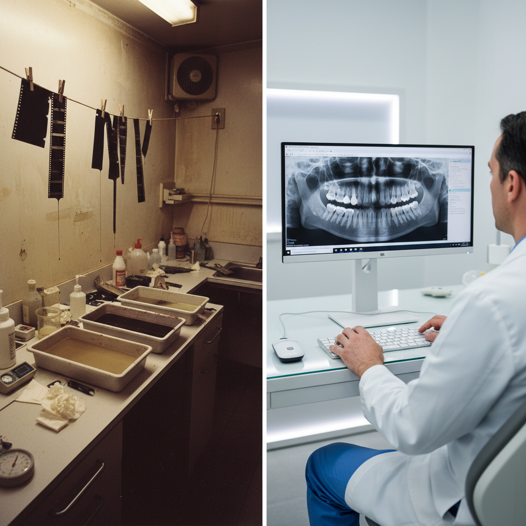 新旧牙科技术的分屏对比。左侧显示的是一间陈旧、杂乱的暗室，里面挂着晾干的 X 光胶片和化学品托盘。右边是一个整洁、现代化的牙科工作站，牙医正在大型显示器上检查清晰的数字 X 光片。