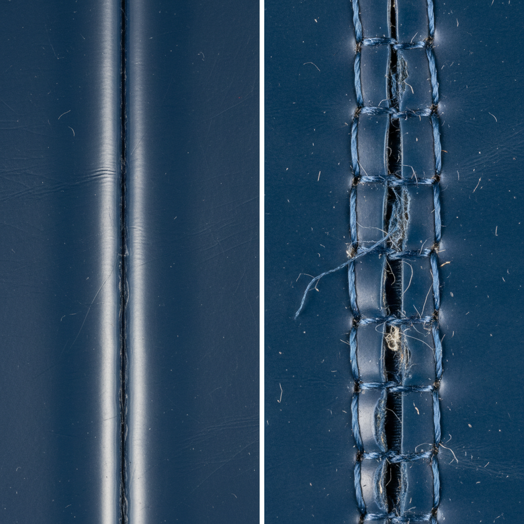 A macro shot comparing a clean, seamless weld on a medical-grade vinyl dental chair with a dirty, frayed stitched seam that is trapping debris.