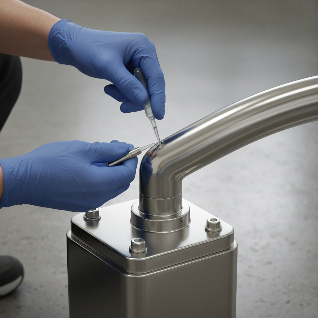 A service technician applying lubricant to the pristine, corrosion-free stainless steel actuator of a dental chair.