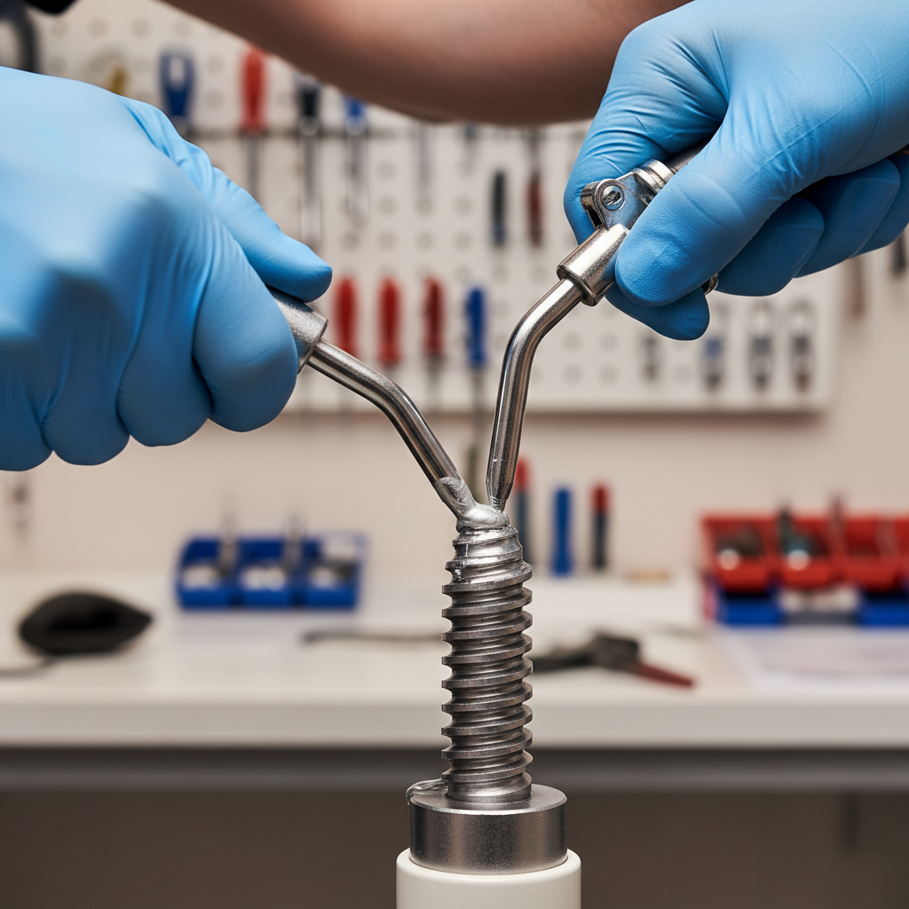Close-up of a technician lubricating the lead screw of a dental chair's electromechanical lift system.