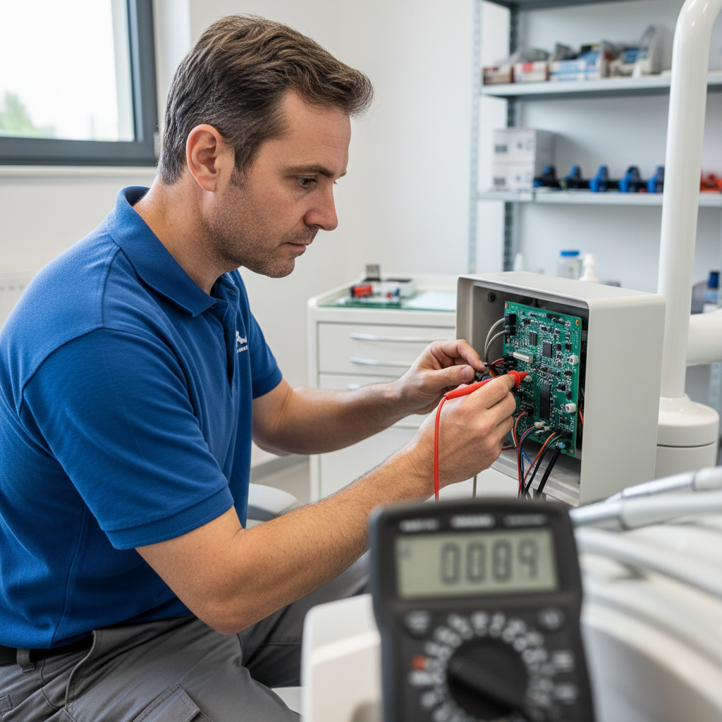 An engineer using a multimeter to test the control board of a dental chair.