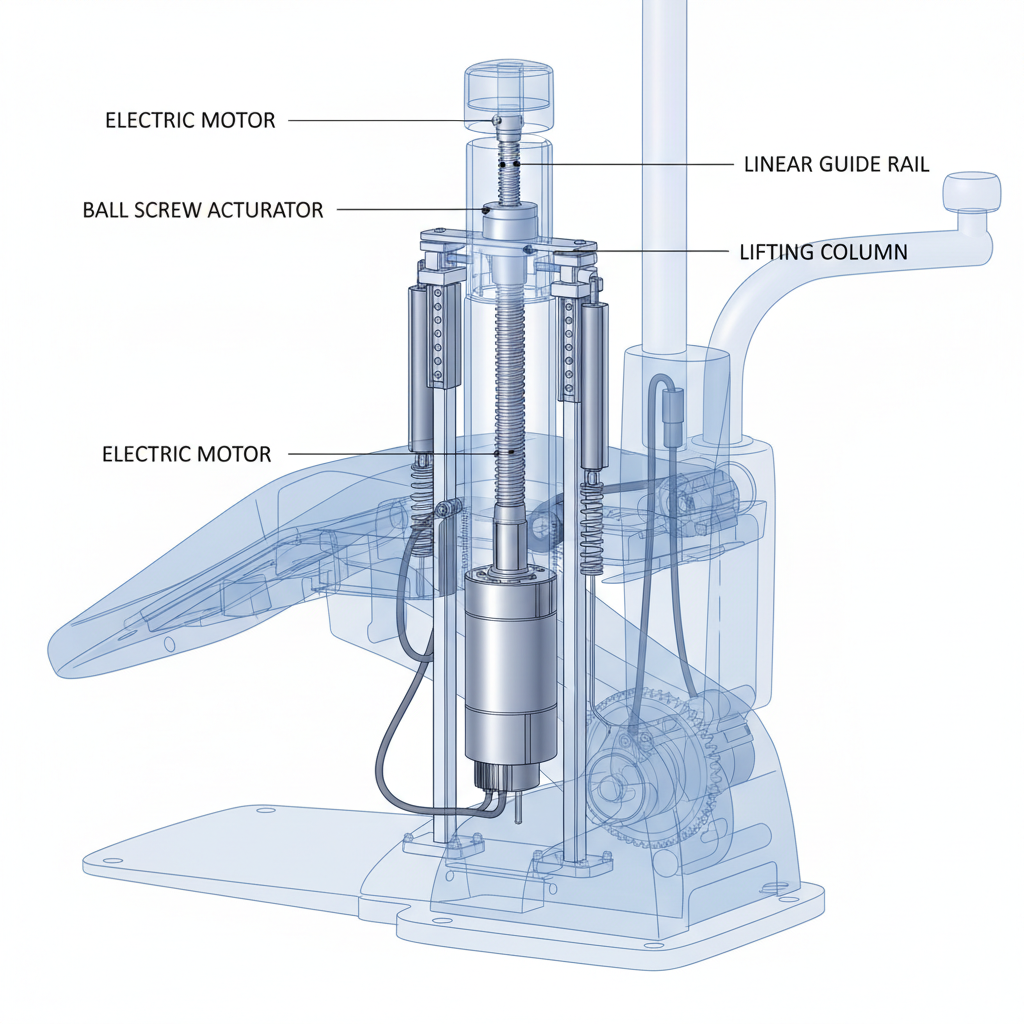 A detailed cutaway view of an electromechanical dental chair's lift mechanism, showing the motor, lead screw, and guide rails.