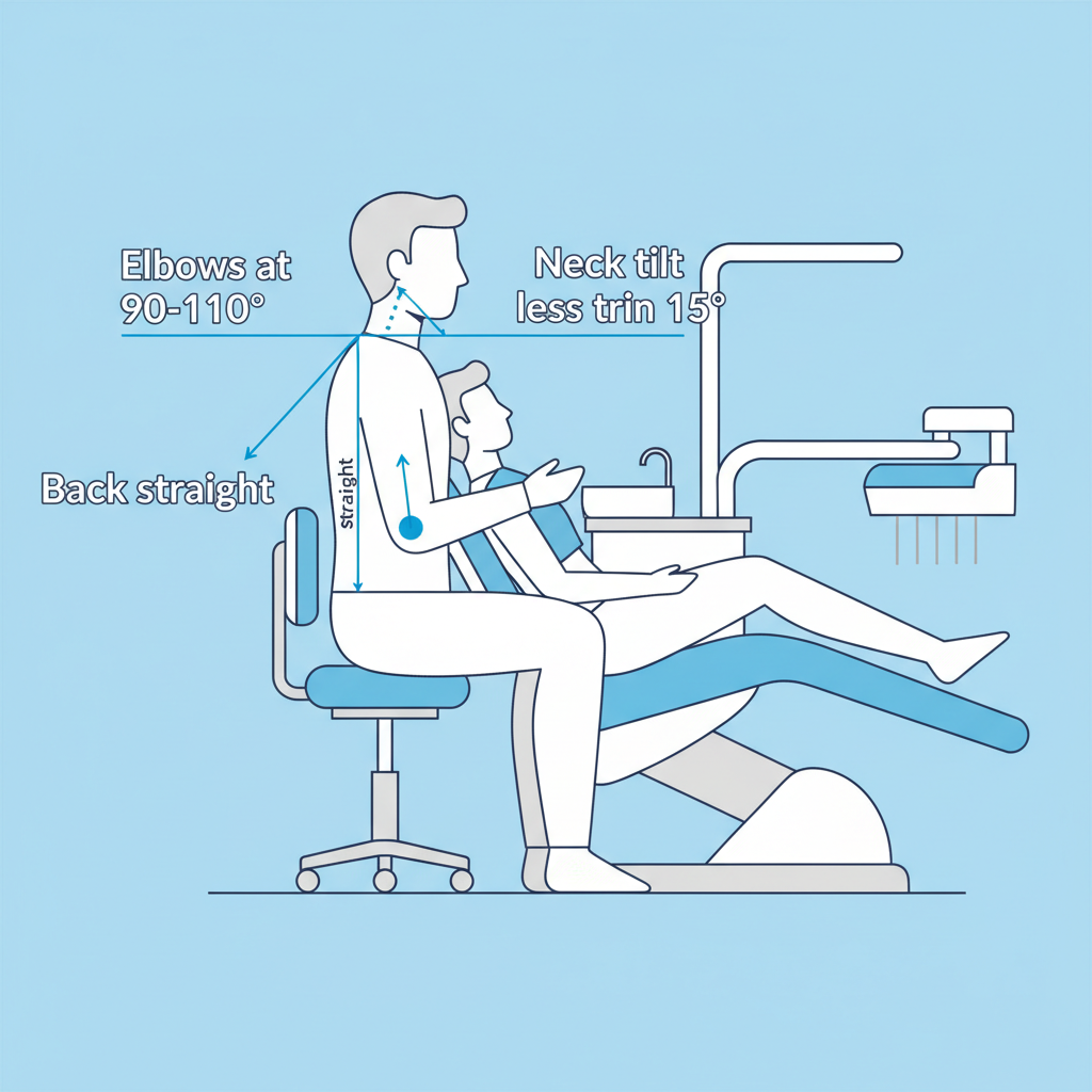 显示牙科医生正确人体工学姿势的示意图，突出显示了肘部、背部和颈部的角度。