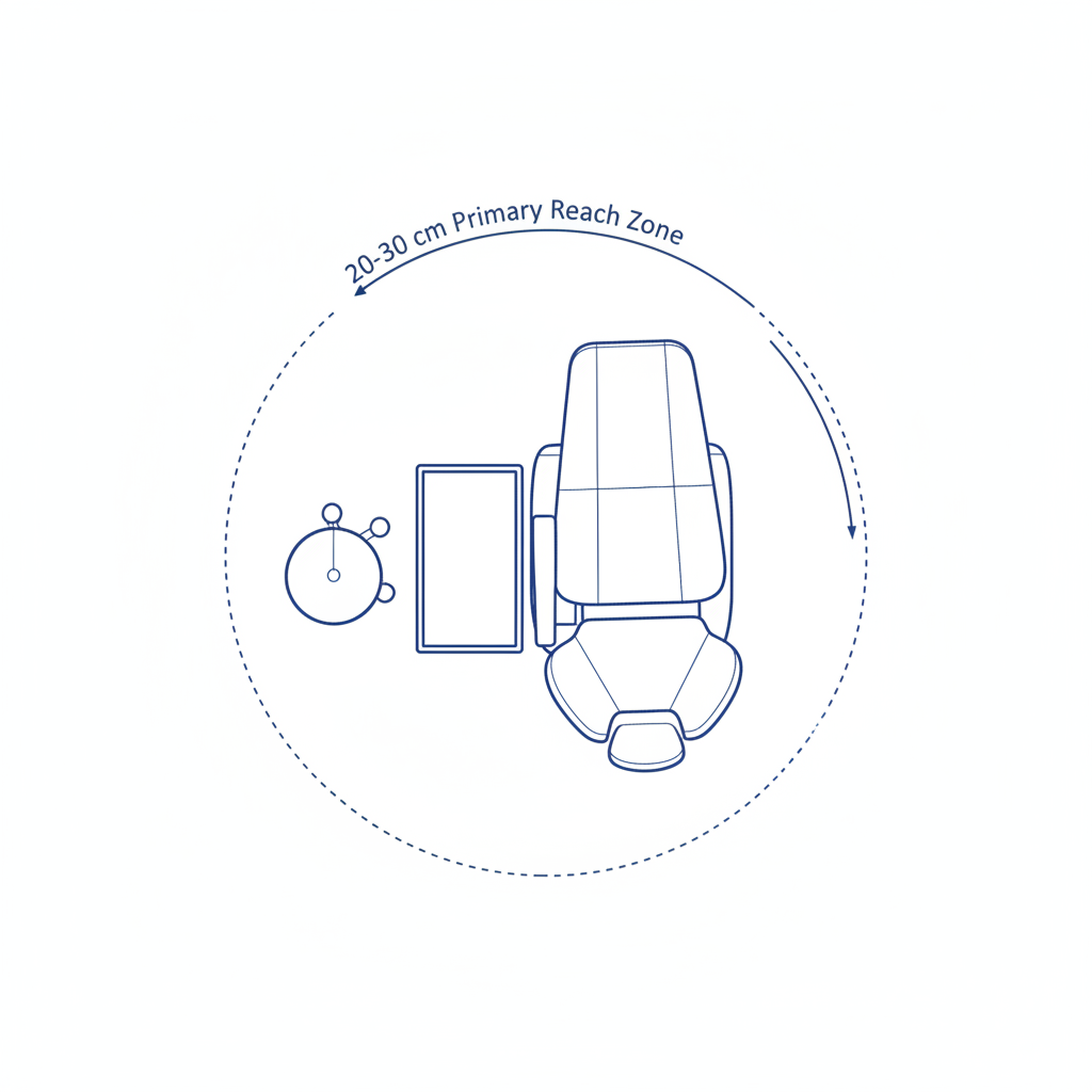 牙科治疗椅设置的俯视图，显示了器械的最佳 "主要触及 "区域。