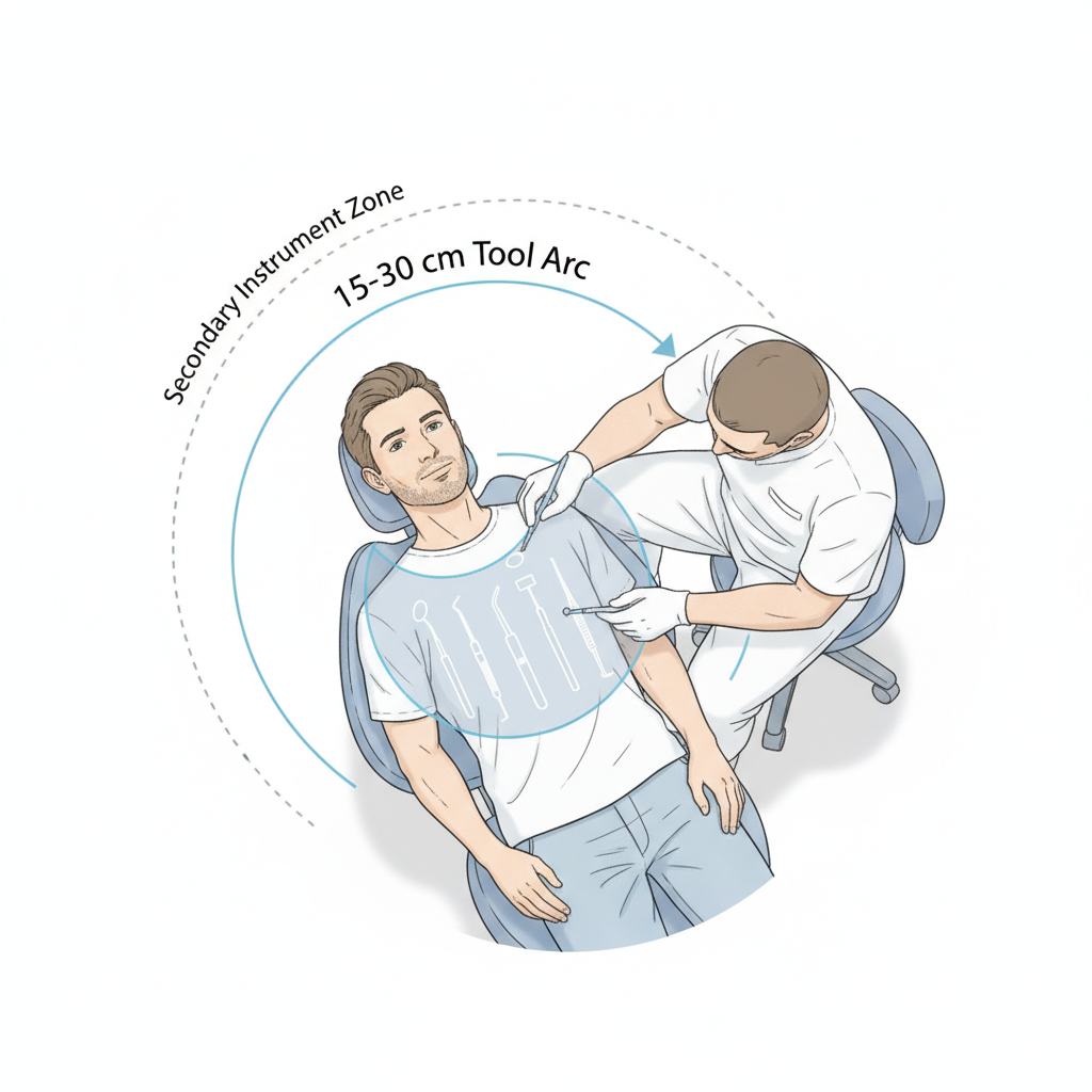 图示为牙医的最佳人体工学 "工具弧线"，主要器械放置在 15 至 30 厘米的径向区域内。
