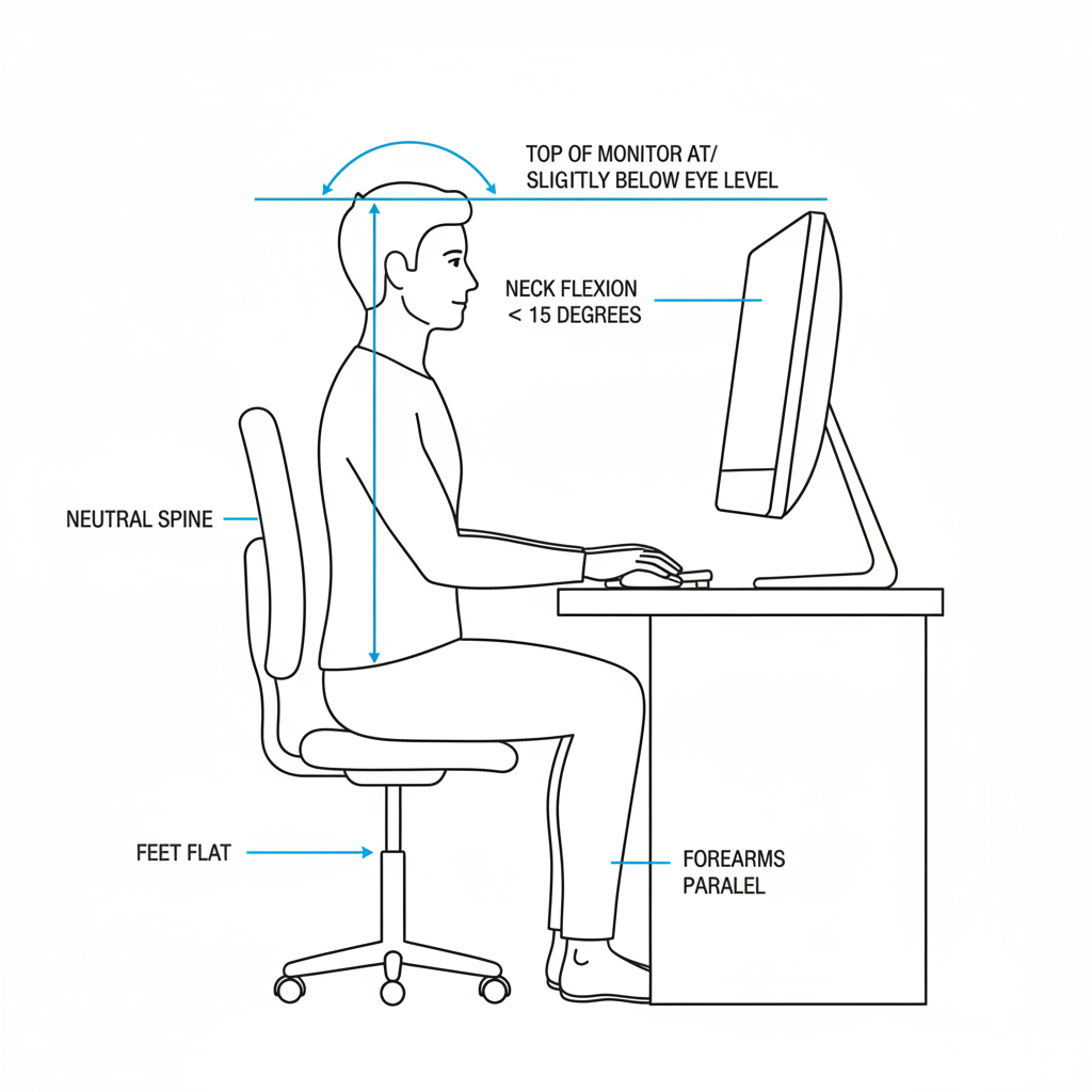 一名牙医示范正确姿势的侧视图，显示器与眼睛齐平，以防止颈部疲劳。