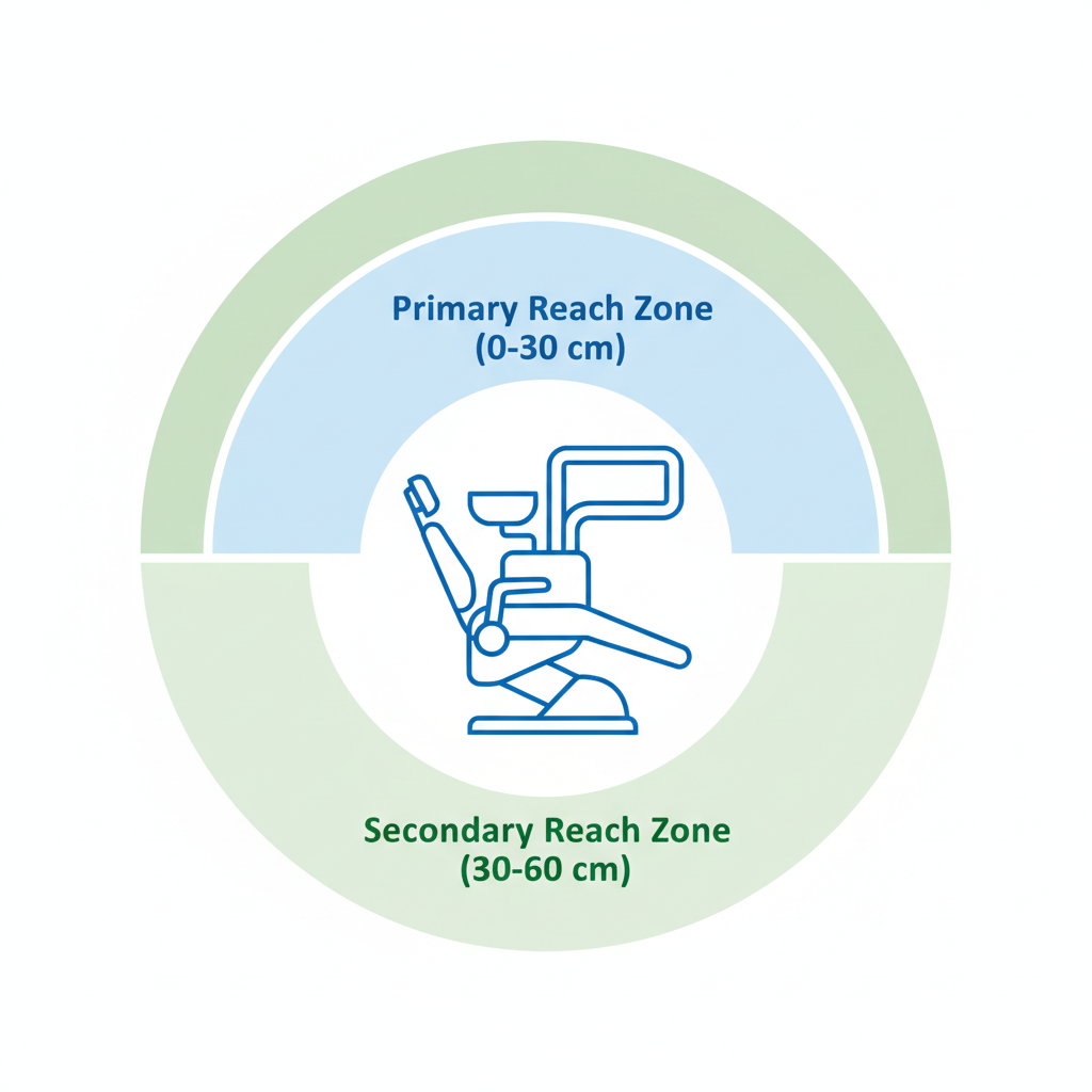 A top-down diagram illustrating the ergonomic primary and secondary reach zones around a dental chair for efficient instrument access.