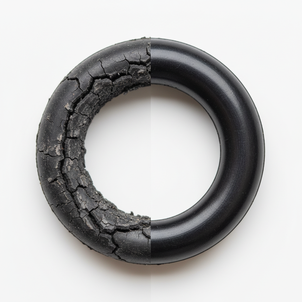 A side-by-side comparison showing a worn, cracked hydraulic seal next to a new, genuine OEM seal.