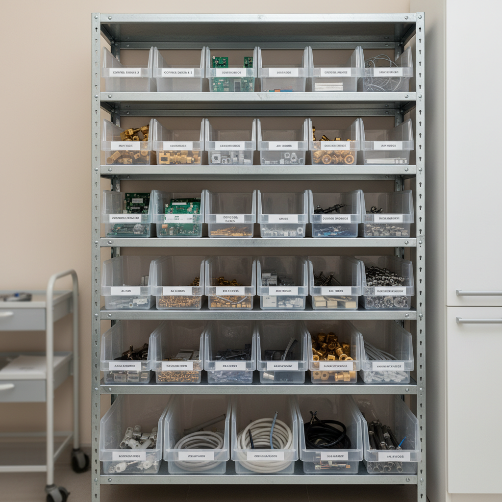 An organized shelving unit in a clinic's storage room containing labeled bins of genuine dental chair spare parts.