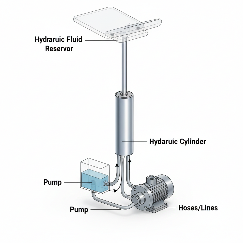 A detailed diagram showing the key components of a dental chair's hydraulic lift system, including the reservoir, pump, cylinder, and lines.