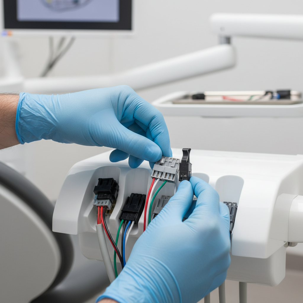 A technician's hands carefully inspecting the electrical connectors and wiring at the base of a modern dental chair.