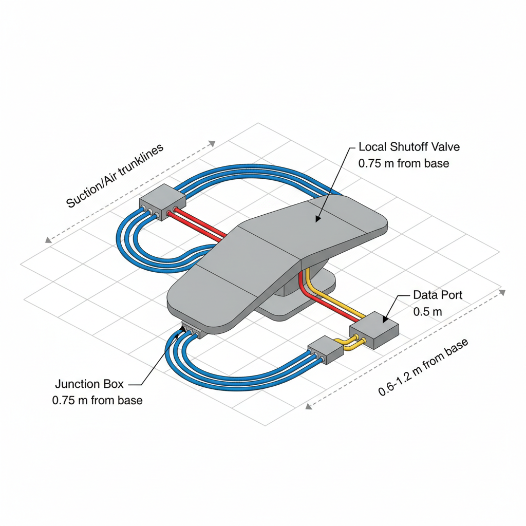 技术示意图，显示牙科治疗椅底座周围电气、数据和抽吸管线的最佳位置。
