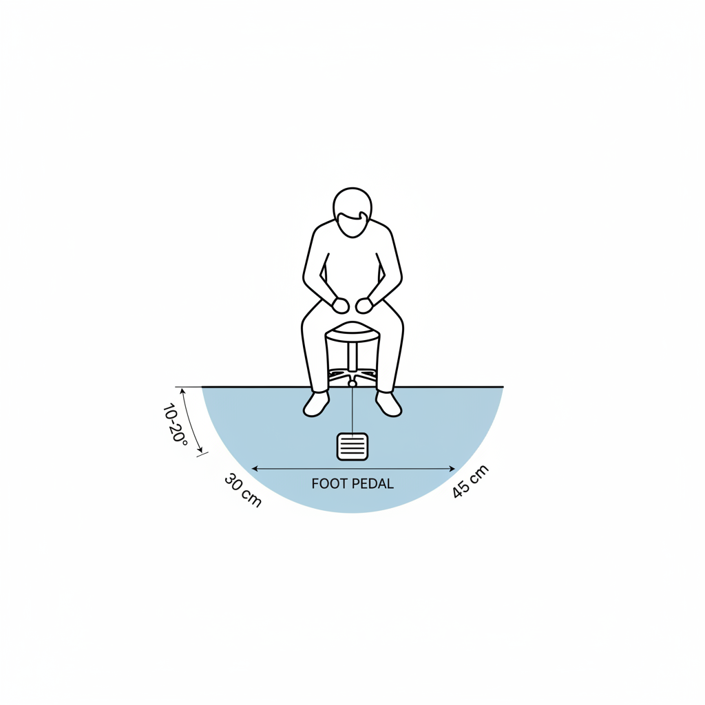 Diagram showing the optimal ergonomic placement of a dental chair foot pedal relative to the operator's seating position to prevent strain.