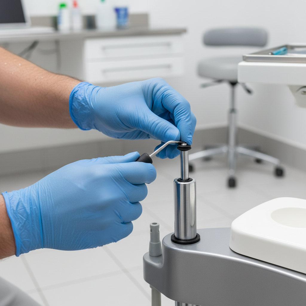 A technician performing maintenance on the hydraulic lift components of a dental chair.