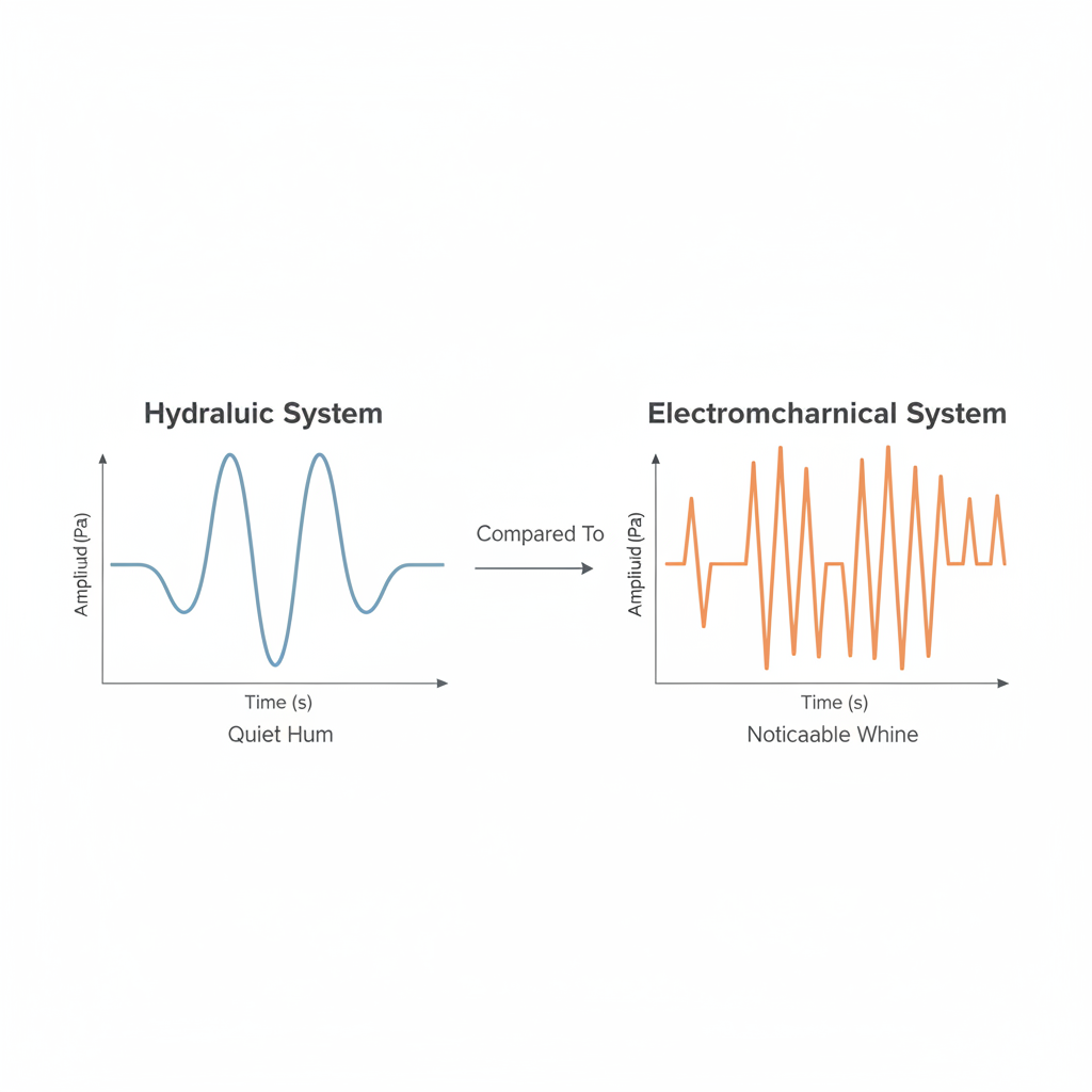 An illustration comparing the sound waves of a quiet hydraulic lift system versus a higher-frequency electromechanical system.