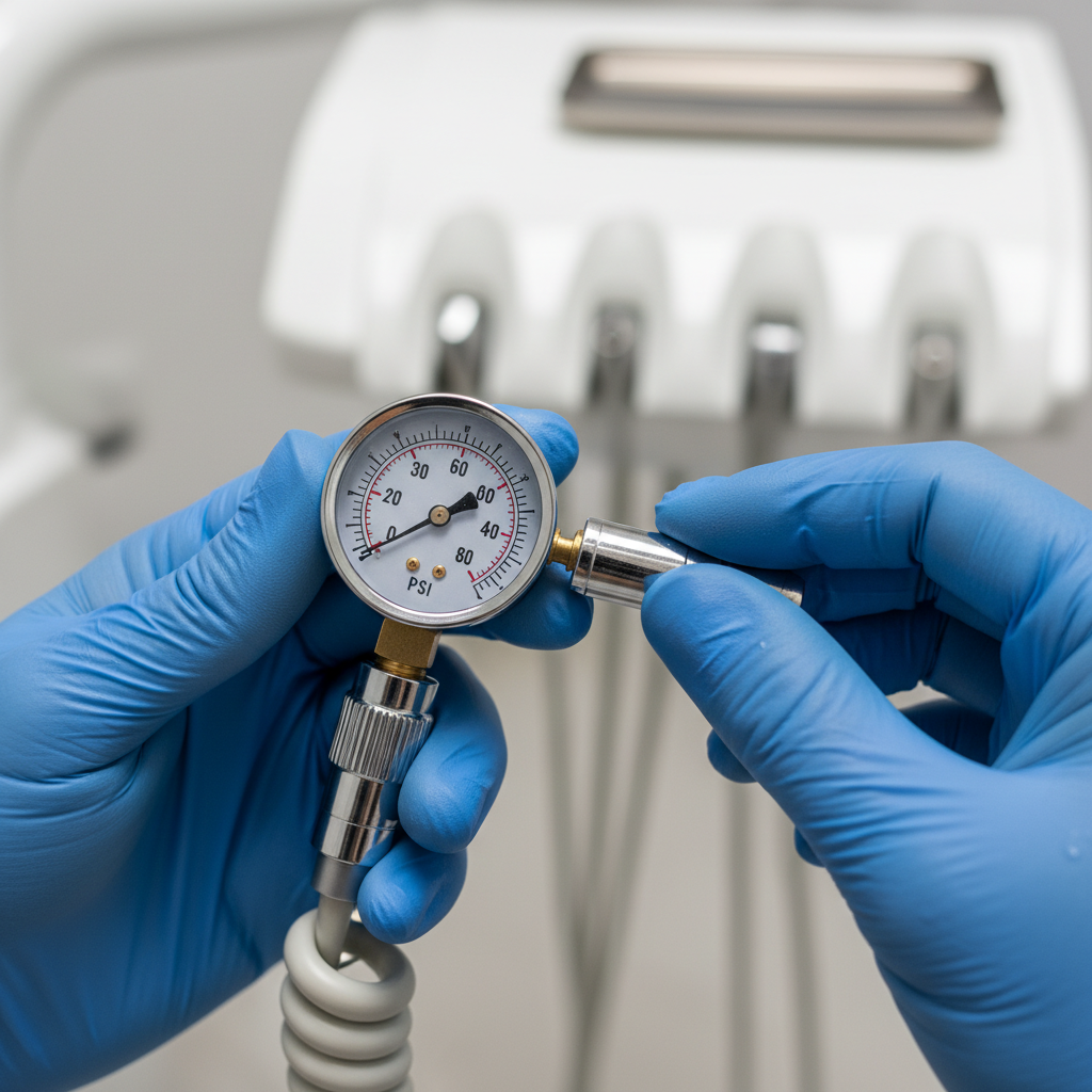 A technician's hands using a pressure gauge to test the air pressure of a dental handpiece connector on a delivery unit.