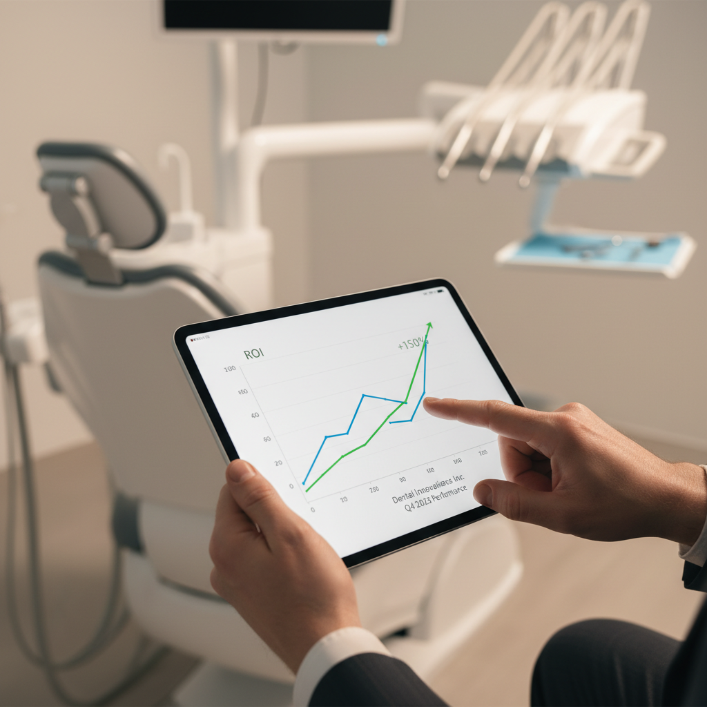 A dental clinic manager analyzing a chart showing positive ROI, with a modern dental operatory visible in the background.