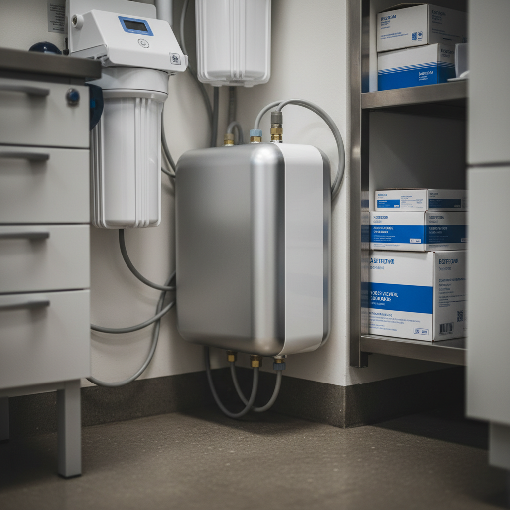 A compact dental air compressor with a built-in integrated dryer, ideal for small clinic spaces.