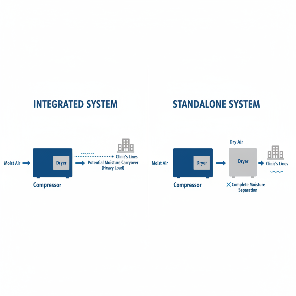 A diagram comparing the airflow and moisture separation in an integrated dryer system versus a standalone dryer system for a dental compressor.