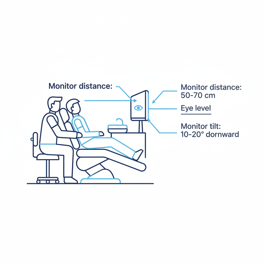 图示牙医的正确人体工学设置,包括正确的显示器高度、倾斜度和与椅子的距离。