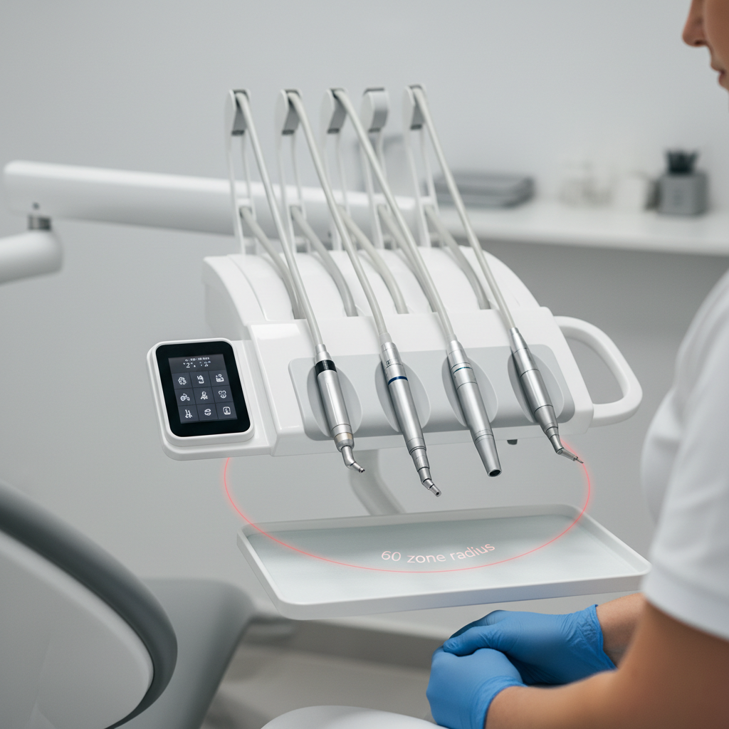 牙医在牙科治疗椅周围的人体工学工作区特写,突出了器械的最佳伸展范围。