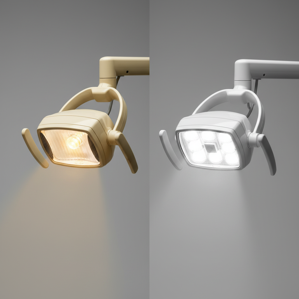 An LED operatory light head shown next to an older halogen model to highlight the modern, streamlined design.