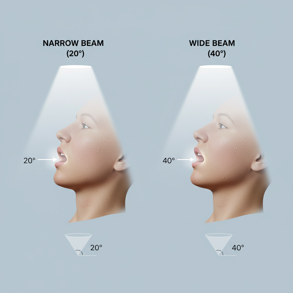 A diagram showing the difference in light pattern between a narrow and a wide beam angle LED operatory light.