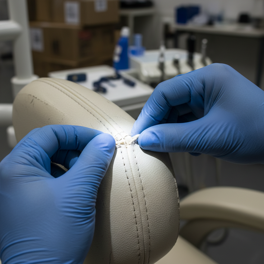 牙科设备技师仔细检查翻新牙科椅的接缝和内饰状况。