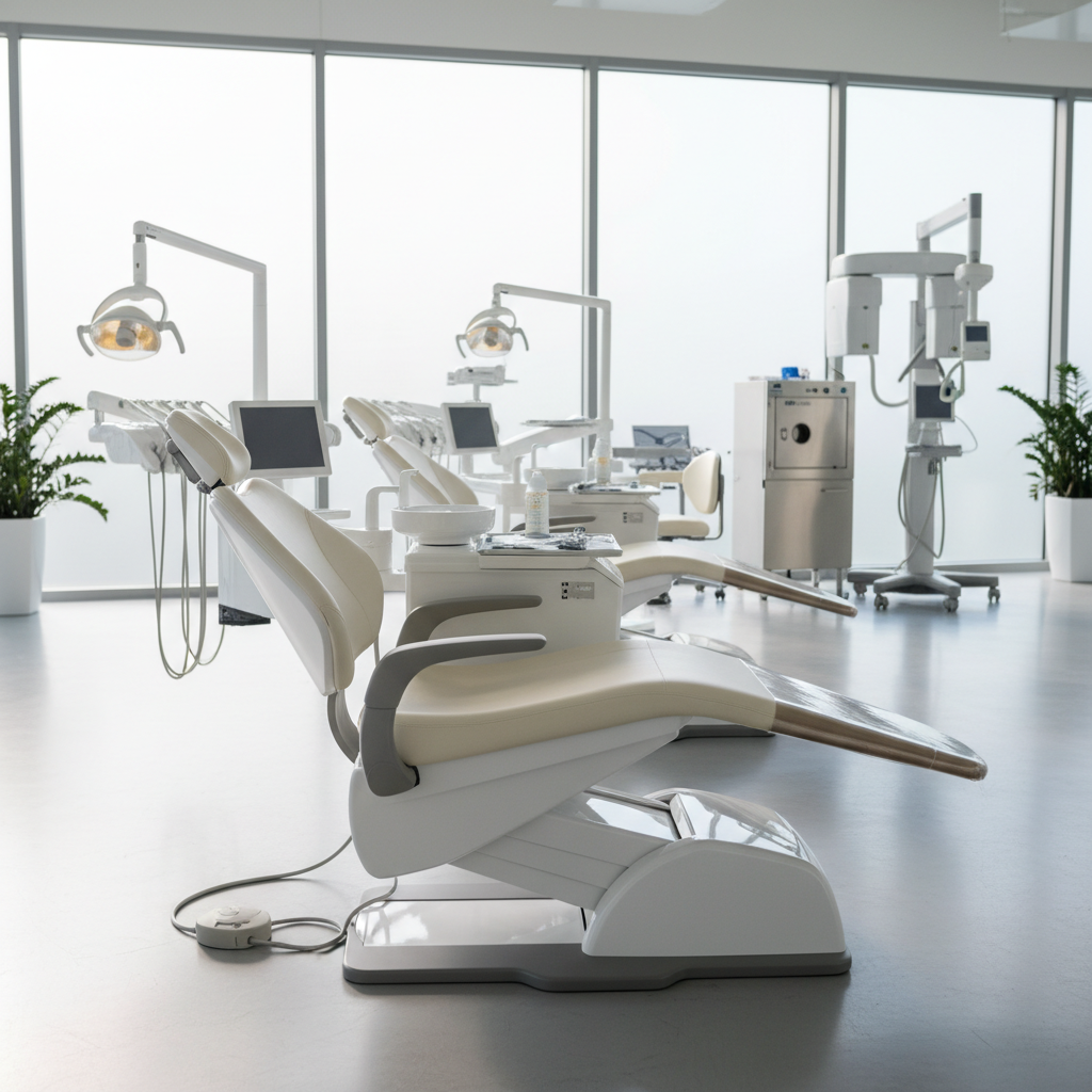 现代化的牙科诊所，一排排崭新的空牙科椅，随时为病人服务。