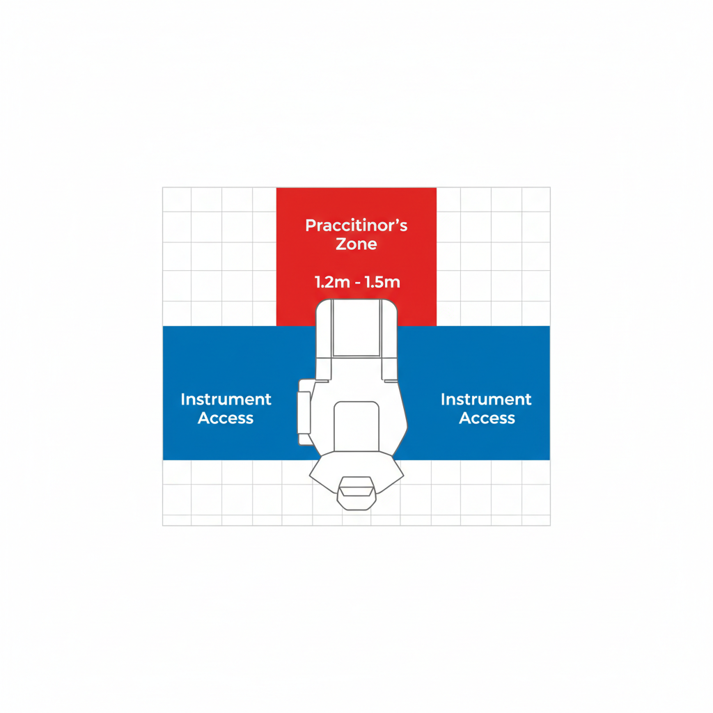 An overhead diagram of a dental operatory layout showing optimal clearance zones for practitioner movement and instrument access.