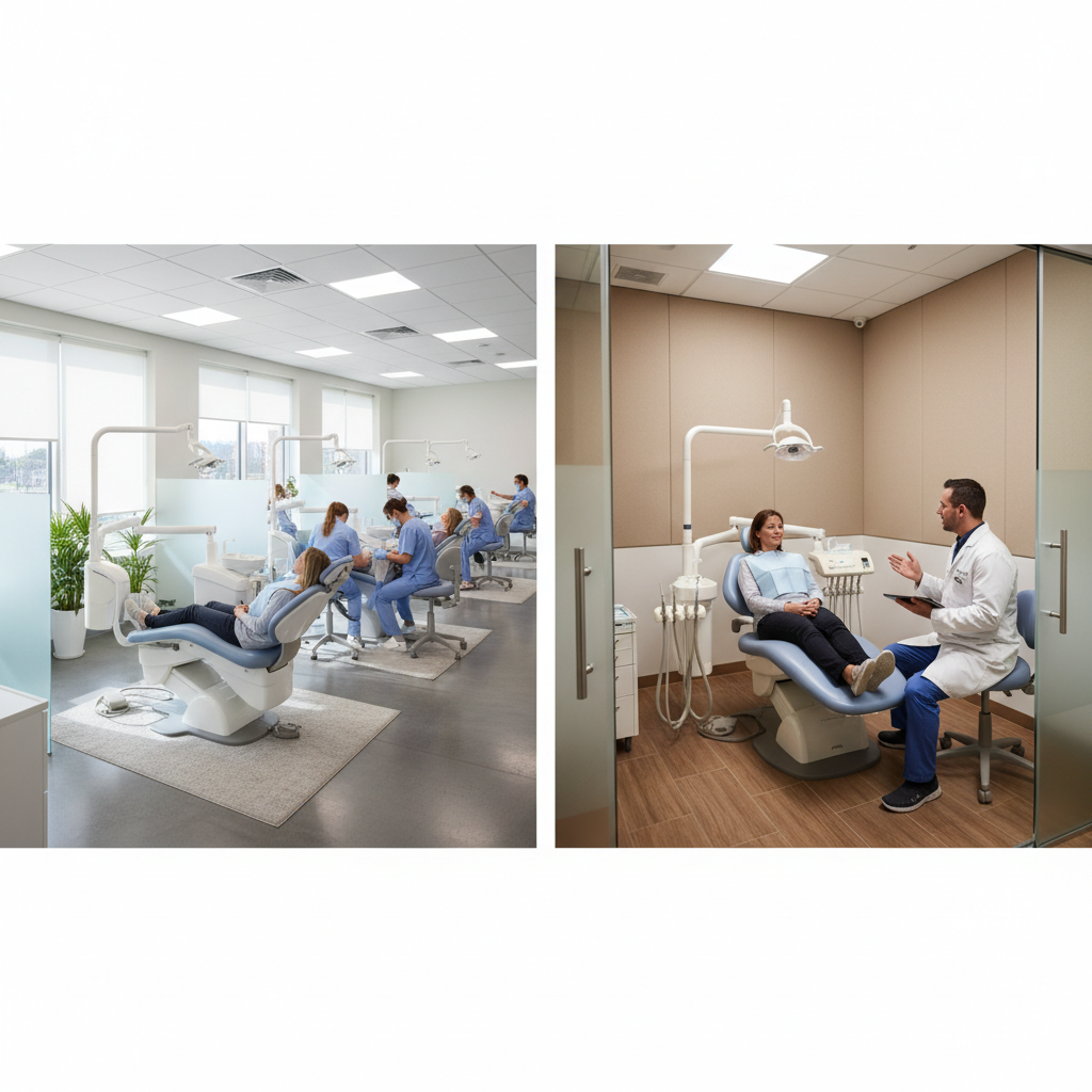 A split-screen image comparing a spacious open-bay dental clinic with private, enclosed operatories.