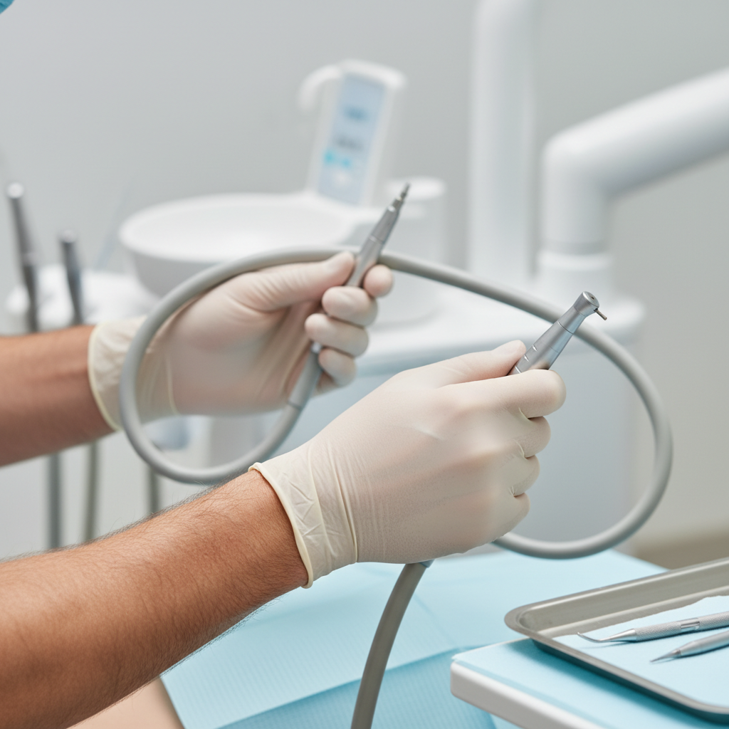 A close-up shot showing a dentist's hands and forearms in a relaxed posture, with a slack handpiece hose demonstrating no drag.