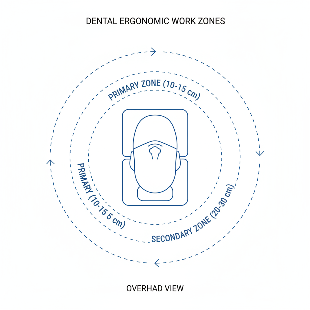 An overhead, blueprint-style diagram illustrating the primary (10-15cm) and secondary (20-30cm) ergonomic work zones around the patient's head.