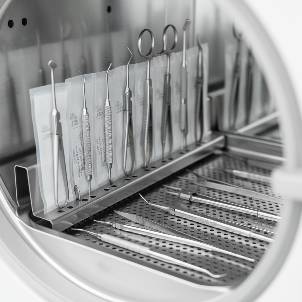 A correctly loaded autoclave tray with dental instruments arranged for optimal steam penetration.