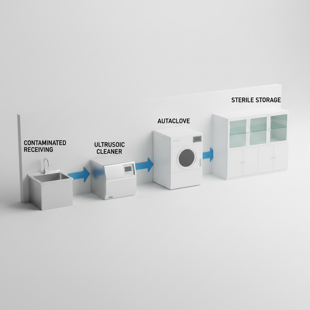 A diagram illustrating the optimal one-way workflow in a dental sterilization area, from dirty to clean.